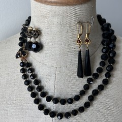 Vintage 2 Strand Jet Crystal Necklace & 2 Pairs Earrings – Rhinestone Clasp