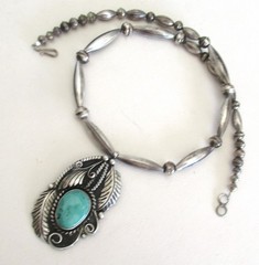 VINTAGE NAVAJO STERLING PENDANT & BENCH BEAD NECKLACE, 2 1/8 IN, 19″ NECKLACE RT