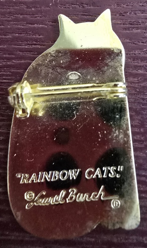 Retired Vintage Laurel Burch Colorful 80s RAINBOW CAT Enamel Pin Brooch