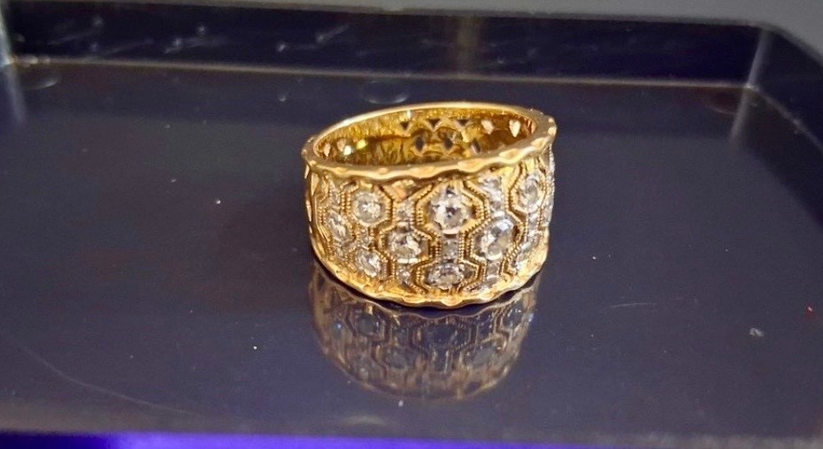 Vintage Ring 18K Gold Band 750 Diamond Lattice Yellow White Gold