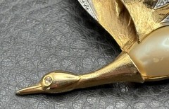 VTG Bird Brooch Faux Pearl Belly Rhinestone Wings Pin Gold Tone Silver Two Tone
