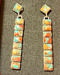 Vintage Sterling Silver Multicolor Drop Earrings 8 Rectanges &1 Rombus Shape 2″L