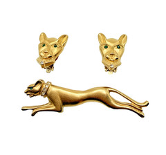 Vintage Jackie Collins Gold Tone Panther Brooch & Clip Earrings Set Rhinestone