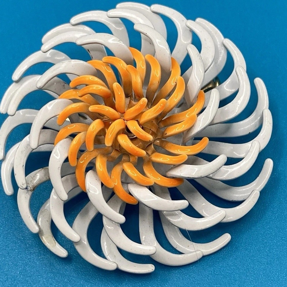 Large 2 Inch Flower Power Brooch White And Orange Enamel Petals Vintage 1960s