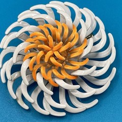 Large 2 Inch Flower Power Brooch White And Orange Enamel Petals Vintage 1960s