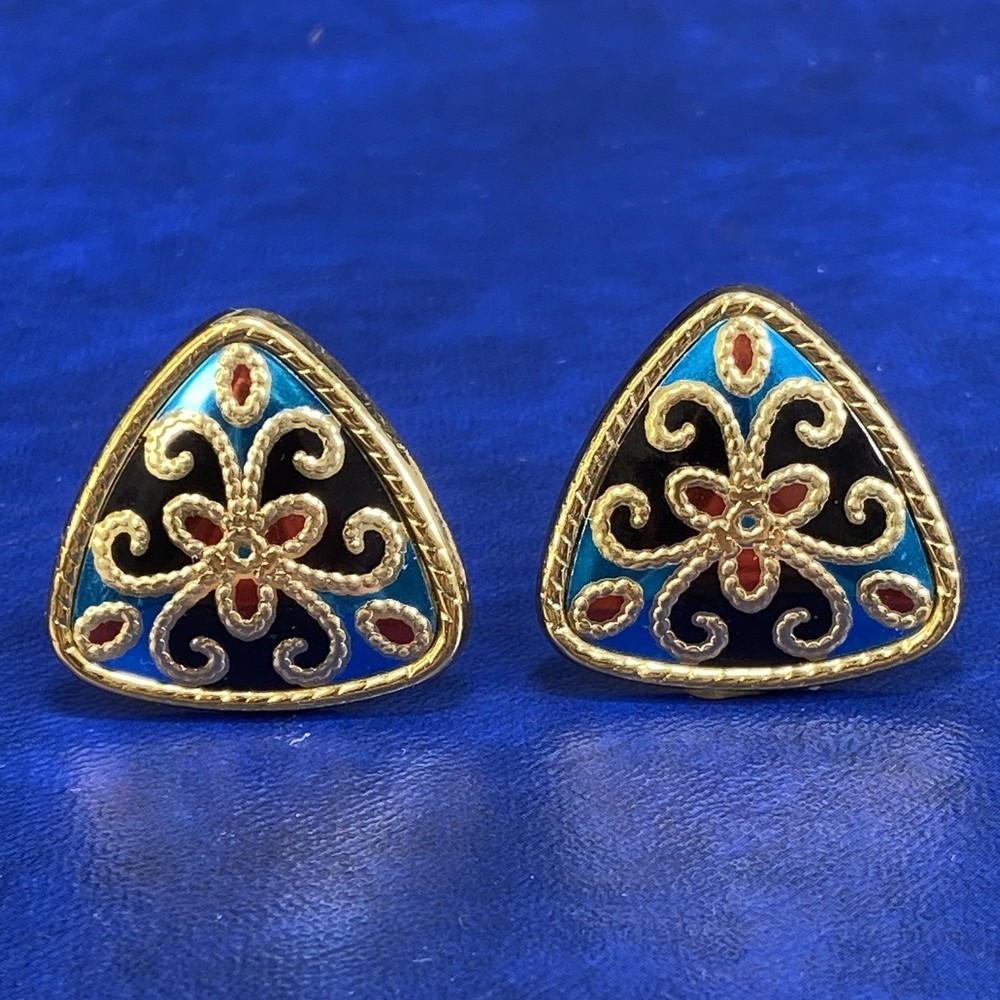 Vtg Aztec Mosiac Triangle Goldtone Blue Red Enamel Clip On Earrings