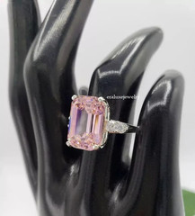 8.4 Ct Emerald Cut Pink Sapphire Diamond Engagement Ring 14K White Gold Plated