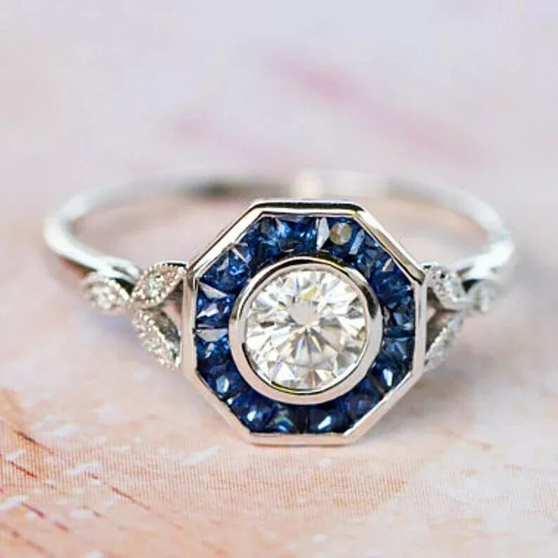 Art Deco Style Lab-Created Diamond & Sapphire Engagement Ring 14k White Gold FN