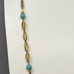 VTG Chain Necklace Aqua Glass Beads Brushed Two Tone Gold Silver Flower Clasp 28