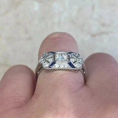 Antique ArtDeco LabCreated Sapphire Diamond Milgrain Engagement 14K Gold FN Ring