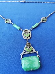 ORIGINAL Art DECO 1920 CZECH GREEN PEKING GLASS ENAMEL FILIGREE Rhodium NECKLACE