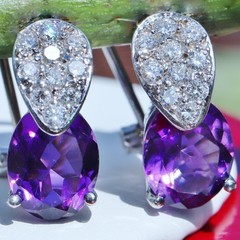 14k white gold 3.10ct amethyst diamond omega back earrings handmade 3.85gr