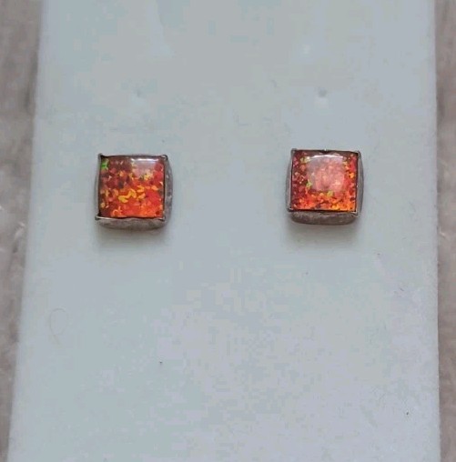 Vtg Sterling Silver Faux Fire Opal Iridescent Square Stud Earrings Orange Pink