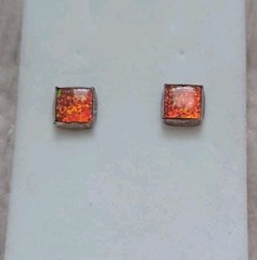 Vtg Sterling Silver Faux Fire Opal Iridescent Square Stud Earrings Orange Pink