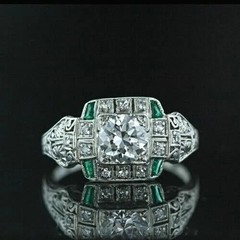 Art Deco Round Lab Created Diamond & Emerald Wedding 14K White Gold Finish Ring