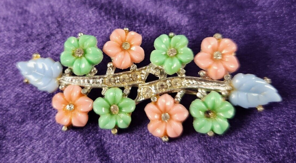 1940’s Brooch Pin Floral Pastel Pink Green Rhinestone Plastic Enamel Vintage