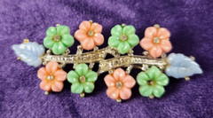 1940’s Brooch Pin Floral Pastel Pink Green Rhinestone Plastic Enamel Vintage