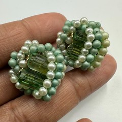 Vintage Japan Clip On Earrings Green Baguette Faux Pearl Beaded Cluster