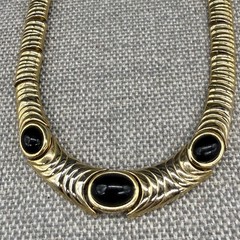 Vintage Necklace Chunky Gold Tone Black Acrylic Disk Adjustable Length Y2K Retro