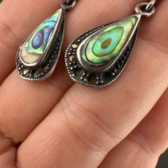Vintage Earrings Sterling 925 Abalone Teardrop Dangle Pierced Marcasite READ