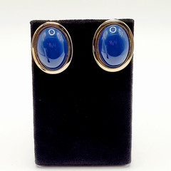 Modernist Navy Blue Slight Dome Lucite Oval Polished Gold Tone Pierced Earrings