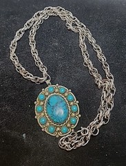 Vintage Bell Trading Post 1970s Nickel Silver Turquoise Pendant Necklace 25″
