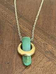 Vintage Crown Trifari Faux Jade Green Pendant Necklace Gold Tone Signed Nice!