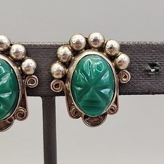 Vintage Tribal Mask Earrings Mexico Screw Back Green Onyx Stone 1″