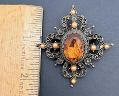 Vintage Filigree Amber Rhinestone Ornate Victorian Style Brooch Antique Gold