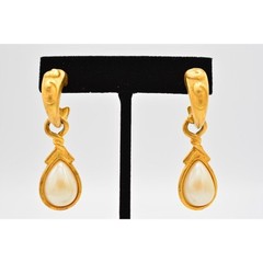 Vintage Dangle Earrings Pearl Teardrop Cabochon Hoop Brushed Gold 1980s BinAG