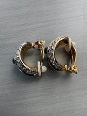 Vintage 80s 90s Gold-Tone Green and Rhinestone Hoop Clip Earrings