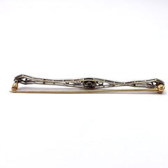 Art Deco 14k Gold Natural Diamond Filigree Bar Brooch Pin Two Tone