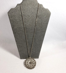 Vintage Silver Tone Filigree Pendant Necklace 26 in Curb Chain Retro Boho