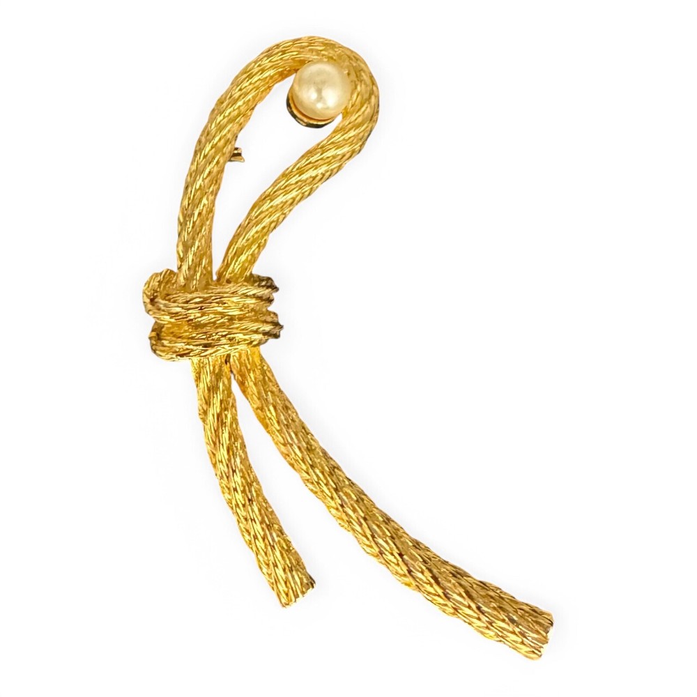 Vintage Gold Topne Knotted Rope With Faux Pearl Brooch
