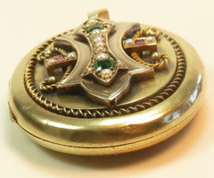 Victorian 1800’s 2 Picture Engraved Locket 19/13K Yellow Gold Emerald Ruby Pearl