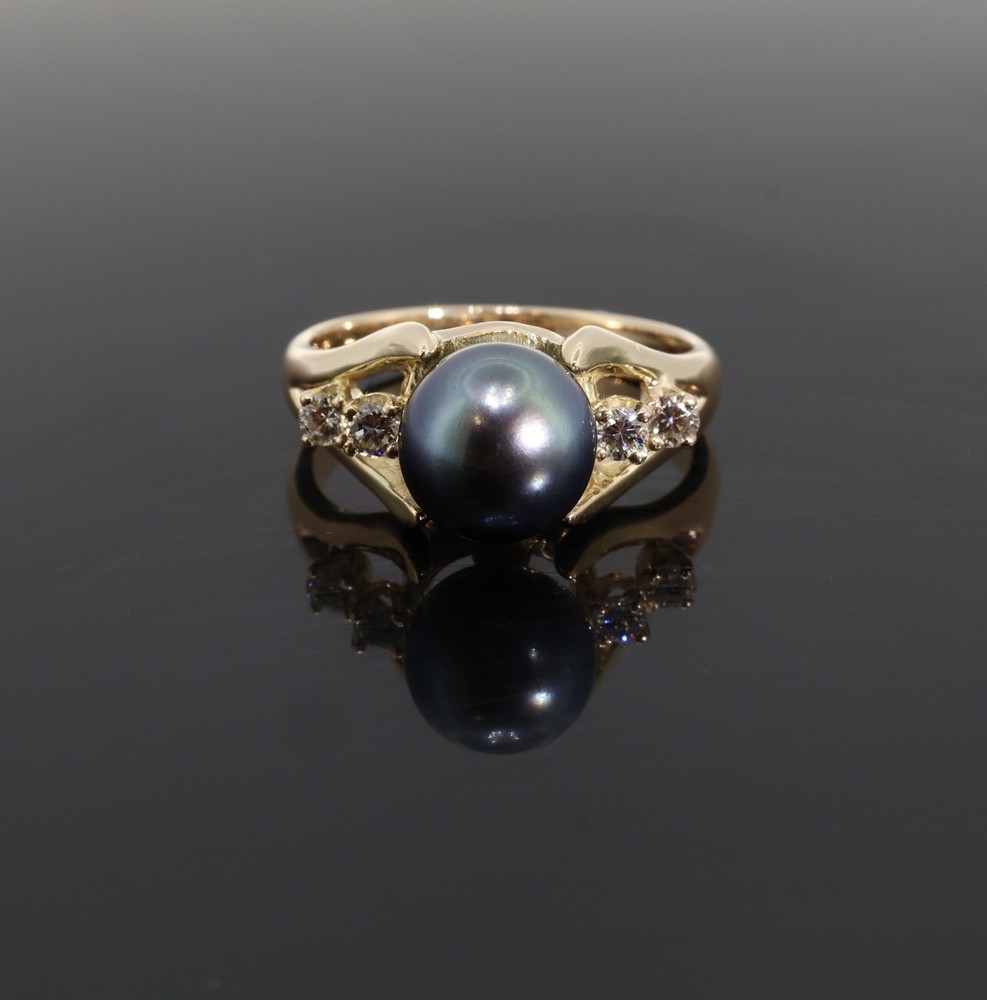 Vintage 14k Gold Tahitian Pearl & I Si Diamond Dress Ring Size M1/2 Val $5270