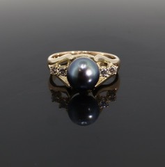 Vintage 14k Gold Tahitian Pearl & I Si Diamond Dress Ring Size M1/2 Val $5270