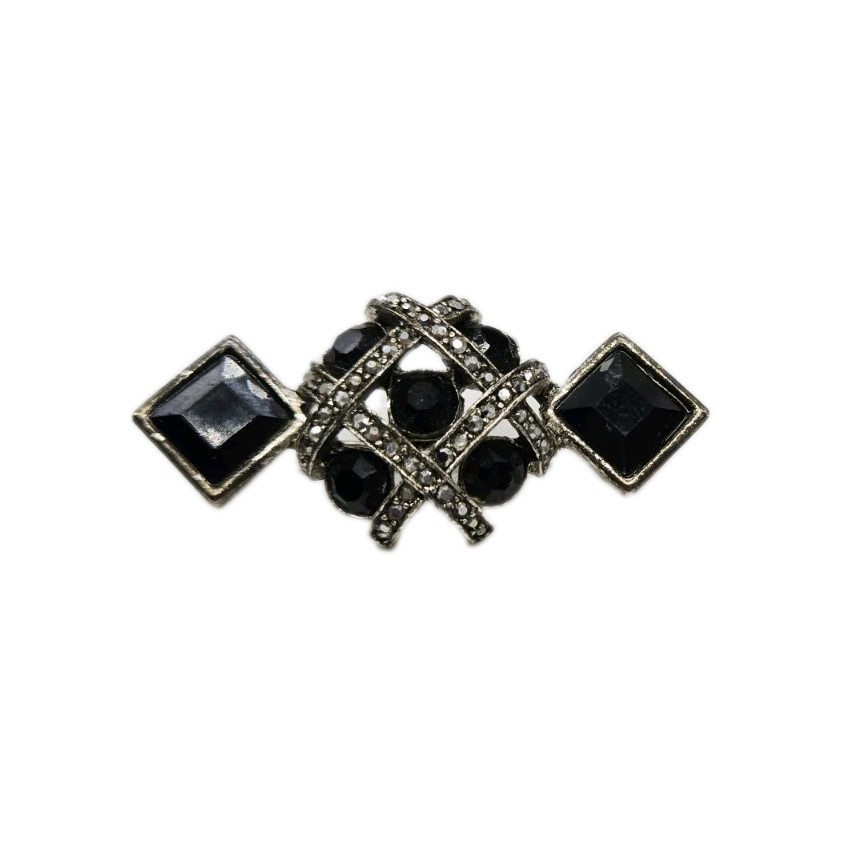 Art Deco Brooch Graziano Pin Silver tone Black White Crystal Vintage .75 in