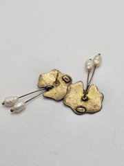 Vintage Water Lily Leaf Blue Enamel Dangle Pearl Sterling Silver Stud Earrings