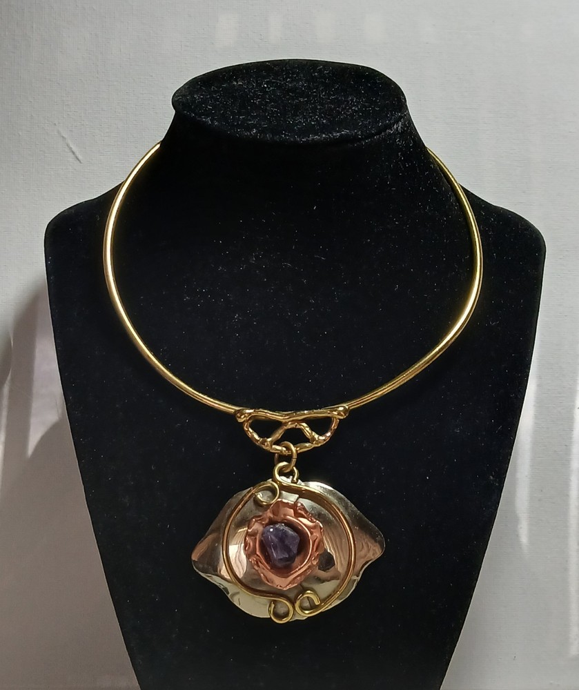 Vintage Art Nouveau Style Amethyst Gold Silver Tone Necklace Choker