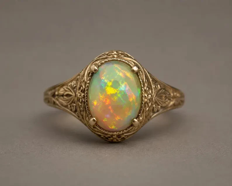 Natural Fire Opal | Antique Engraved Band | Handmade Silver Jewelry
