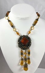 Antique Czechoslovakia Max Neiger Amber Brown Long Dangle Necklace Glass Links