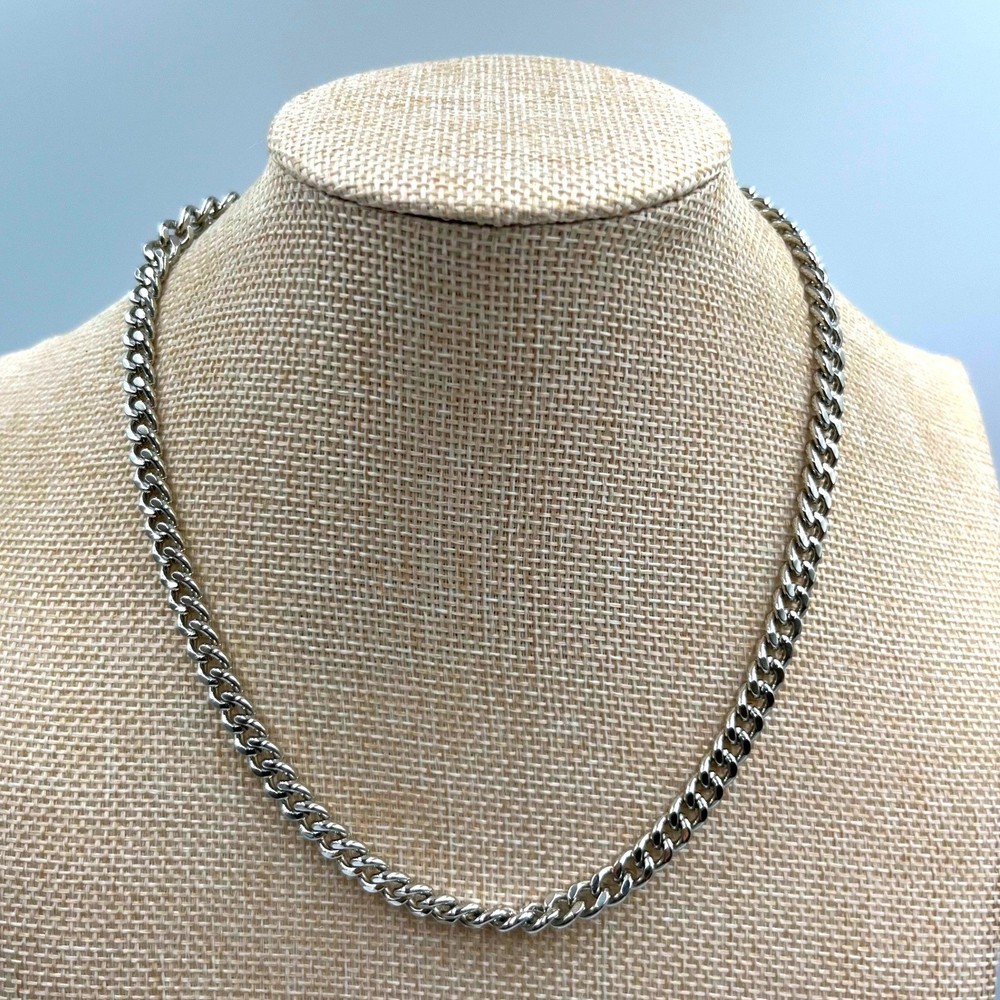 Vintage Silver Tone Cuban Link Chain Necklace Adjustable Lobster Clasp 16-18″