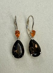 Sterling Silver 925 Fire Opal & Smoky Quartz Pear Cut Dangle Leverback Earrings