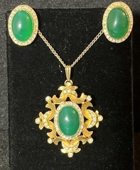 Rare Vintage Jomaz Emerald Glass Cabochon Earrings and Pendant 3pc Set