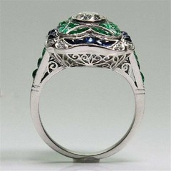 Art Deco Round Lab Created Diamond & Emerald Wedding 14Ct White Gold Finish Ring
