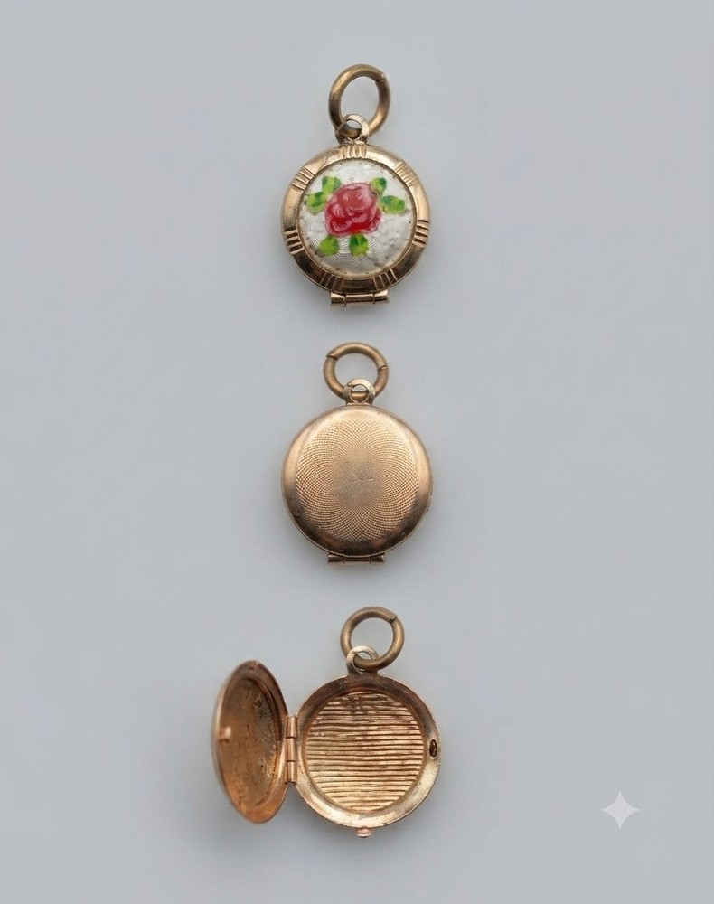 Vintage Gold-Tone Round Locket Pendant Hand Painted Pink Rose Enamel Floral…