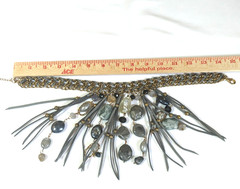 Vtg Erica Lyons Choker Necklace Thick Gold Chain Lg Leather Stone Drops Festival
