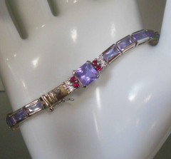 Purple Glass & Pink Topaz Sterling Silver Tennis Bracelet Marked R 7.5″ Long