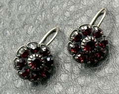 Vintage Faux Garnet Crystal Flower Cluster Drop Dangle Earring Hook Back